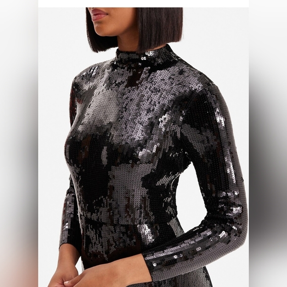 NWT-Express Sequin Mock Neck Long Sleeve Maxi Dress - Picture 3 of 6